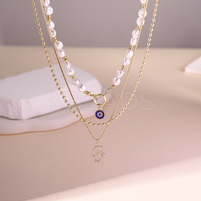 Zinc Alloy Iron Sapphire Rhinestone Hamsa Hand Pendant 3 Layer Necklaces FS-WGD7493-01-1