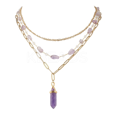 Natural Amethyst Double Terminated Pointed Bullet Pendant 304 Stainless Steel & Brass Chain 3 Layer Necklaces for Women NJEW-JN05477-01-1