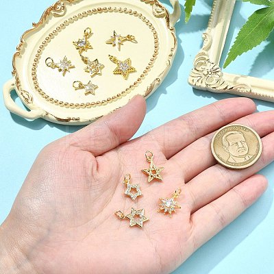 10Pcs 10 Styles Star Brass Micro Pave Clear Cubic Zirconia Charms KK-CJ0002-43-1