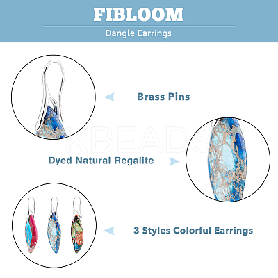 3 Pairs 3 Colors Dyed Natural Regalite Leaf Dangle Earrings with Brass Pins EJEW-FI0003-17-1