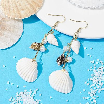 Bohemian Style Natural Shell Dangle Earrings with Glass Pearl Beads EJEW-JE05546-1