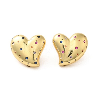 Brass with Cubic Zirconia Heart Stud Earrings EJEW-G382-23G-1