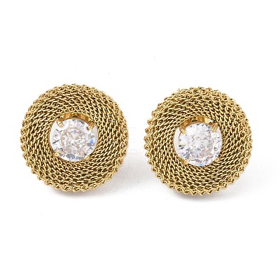304 Stainless Steel Pave Cubic Zirconia Twisted Chain Disc Stud Earrings for Women EJEW-G390-06G-01-1