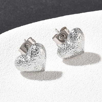 Textured Heart 304 Stainless Steel Stud Earrings EJEW-G453-06P-1