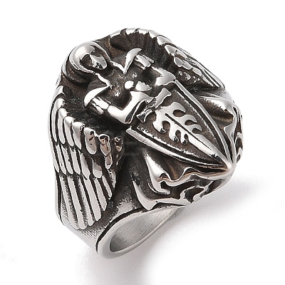 Viking 304 Stainless Steel Angel Cross Sword Wide Finger Rings for Mens RJEW-U005-03AS-1