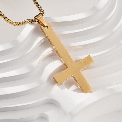 304 Stainless Steel Christian Upside Down Cross Pendant Box Chain Necklaces NJEW-NH0001-07G-1