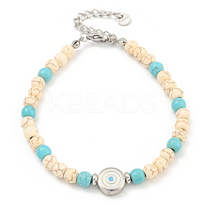 Evil Eye 304 Stainless Steel & Two Tone Synthetic Turquoise Round Beaded Bracelets for Women BJEW-G717-08P-1
