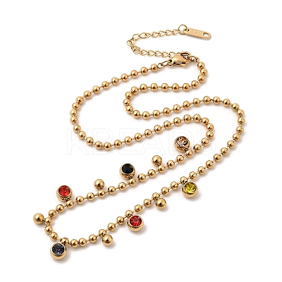 304 Stainless Steel Pave Cubic Zirconia Colorful Round Tassel Ball Chain Bib Necklaces for Women NJEW-D350-01G-1