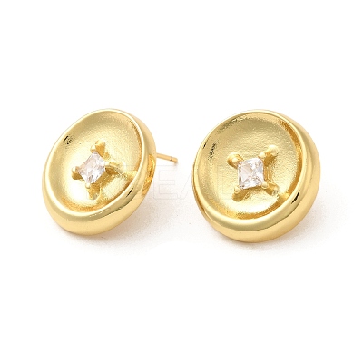 Rack Plating Brass with Cubic Zirconia Flat Round Stud Earrings EJEW-G382-25G-1