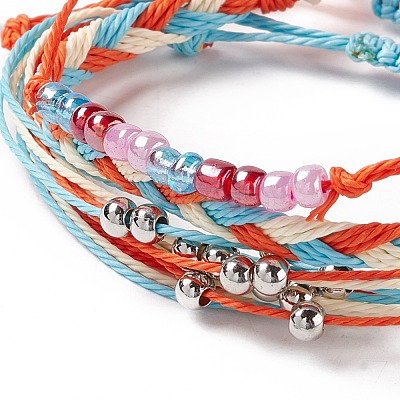 4Pcs 4 Style Alloy & Glass Braided Bead Bracelets Set BJEW-B065-09B-1