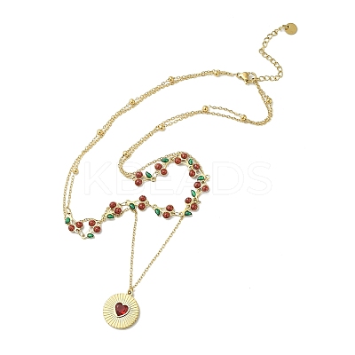 304 Stainless Steel Siam Rhinestone Heart Pendant Cherry Link Chain Double Layer Necklaces for Women NJEW-B132-01G-1