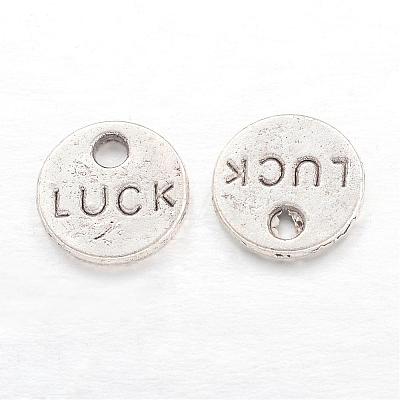 Flat Round Carved Word Luck Tibetan Style Alloy Message Charms TIBEP-A123975-AS-LF-1