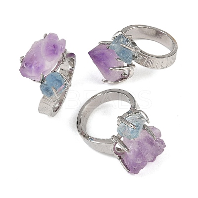 Nuggets Natural Amethyst & Aquamarine Open Cuff Rings RJEW-K286-12P-02-1