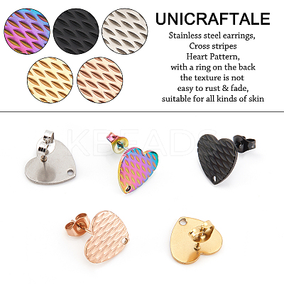 30Pcs 5 Colors Ion Plating(IP) Heart Shape 304 Stainless Steel Stud Earring Findings EJEW-UN0001-68-1