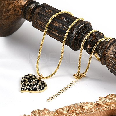 Brass Micro Pave Clear Cubic Zirconia Black Leopard Print Heart Pendant Necklaces for Women NJEW-M079-02G-1