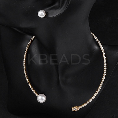Round Plastic Imitation Pearl Stud Earrings & Rectangle Cubic Zirconia Rhinestone Cuff Choker Necklaces Sets SJEW-U003-06G-1