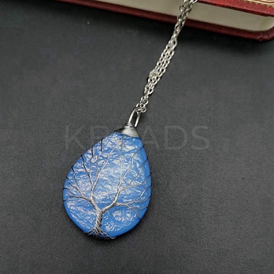 Teardrop with Tree Resin Pendant Necklace PW-WG20561-08-1
