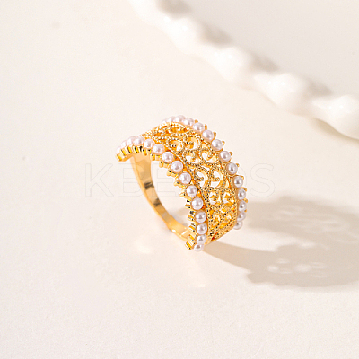 Hollow Brass with ABS Imitation Pearl Beads Wide Band Rings for Women OP9708-4-1