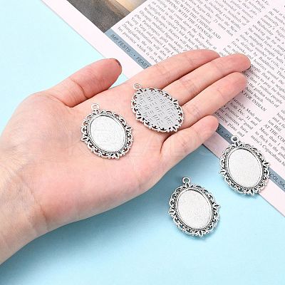 Tibetan Style Antique Silver Alloy Flat Oval Pendant Cabochon Settings X-TIBEP-M022-20AS-1
