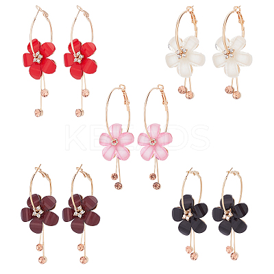 5 Pairs 5 Colors Acrylic Flower Dangle Hoop Earrings with Rhinestone Tassel EJEW-AN0003-70-1