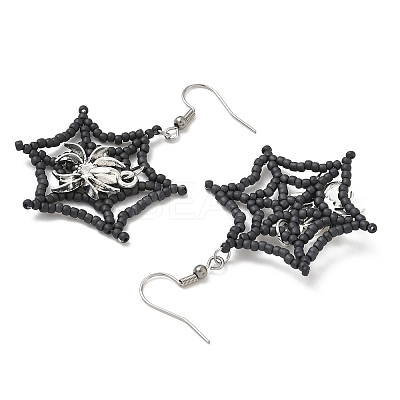 Halloween Theme Spider Web with Spider Handmade Glass Seed Beaded Dangle Earrings EJEW-MZ00481-01-1