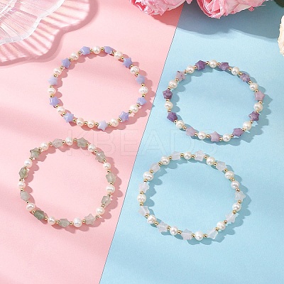 Natural & Synthetic Gemstone & Natural Cultured Freshwater Pearl & Brass Beads Stretch Bracelets for Women BJEW-JB12814-1
