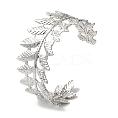 Stainless Steel Hollow Leaf Open Cuff Bangles for Women BJEW-G719-14P-1