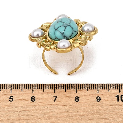 304 Stainless Steel with Turquoise and Plastic Imitation Pearl Adjustable Cuff Rings for Women LS-RJEW-Z096-02G-01-1