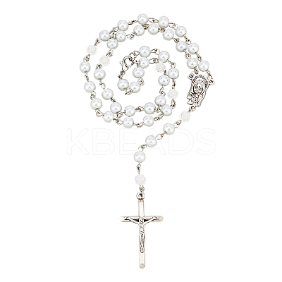 Glass Pearl & Resin Rose Rosary Bead Necklace NJEW-PH01478-1