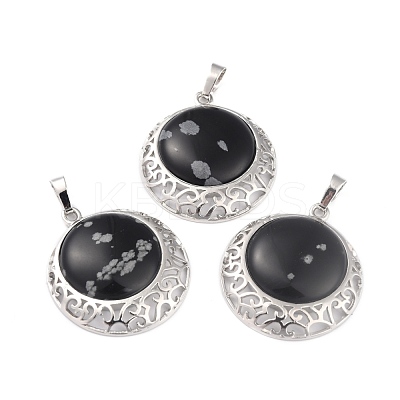 Natural Snowflake Obsidian Pendants with Hollow Platinum Brass Findings G-P448-A11-P-1