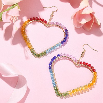 Brass Heart with Glass Beaded Dangle Earrings EJEW-JE05337-1