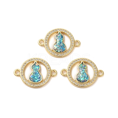 Rack Plating Brass Micro Pave Clear Cubic Zirconia Ring with Gourd Connector Charms KK-K385-113G-1