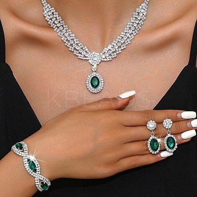 Oval & Horse Eye Brass Rhinestone Necklaces & Bracelets & Earring Sets FS-WG182CE-02-1