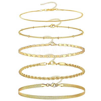 5 Pcs 5 Styles Brass Chain Bracelets Set for Women BJEW-D357-01G-1