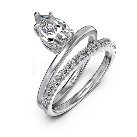 Anti-Tarnish Rhodium Plated 925 Sterling Silver Teardrop Finger Rings RJEW-Z040-07P-1