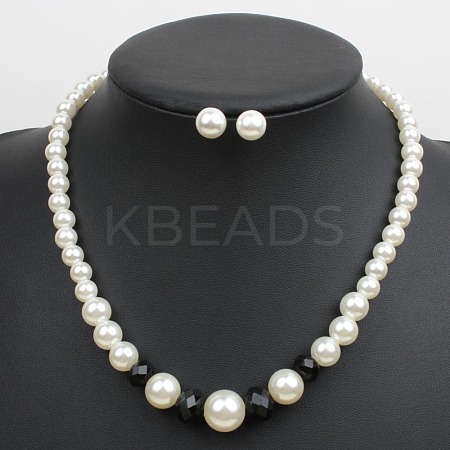 Alloy with ABS Plastic Pearl Round Beaded Necklaces & Stud Earrings Sets for Women WG13E8D-07-1