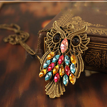 Owl Alloy Colorful Rhinestone Pendant Long Necklaces FS-WGE0302-01-1