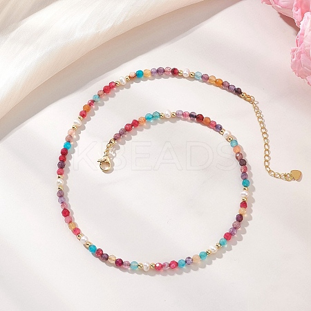Dyed Faceted Round Natural Agate & Natural Cultured Freshwater Pearl Beaded Necklaces NJEW-JN05817-1