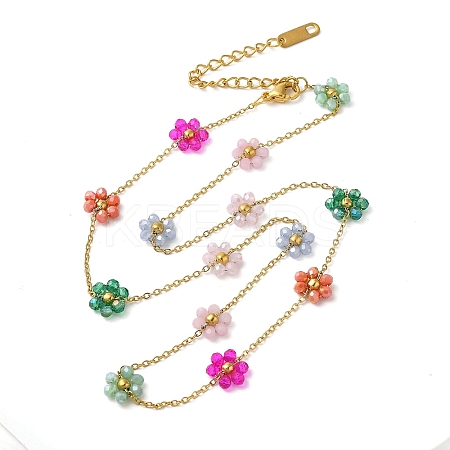 304 Stainless Steel & Glass Colorful Flower Link Chain Necklaces for Women NJEW-K383-05G-1