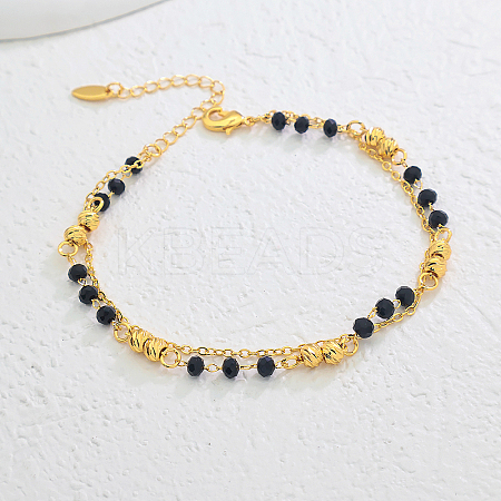 Vintage Beach Brass Round & Black Glass Rondelle Link Chain Double Layer Anklets for Women TO0841-1