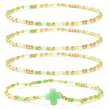 4Pcs Bohemian Summer Cross & Glass Seed Bead Beaded Stretch Bracelet Sets BE5944-1-1