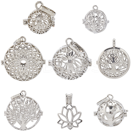 8Pcs 8 Styles Brass & Alloy Hollow Cage Pendants KK-SC0004-30-1