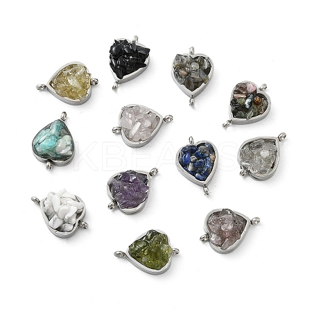 Natural Mixed Gemstone Chip 304 Stainless Steel Heart Connector Charms KK-P300-31P-1