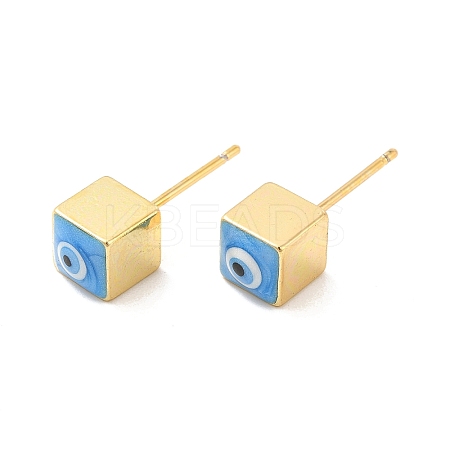 Long-Lasting Plated Cube with Enamel Evil Eye Stud Earring EJEW-E272-01G-01-1