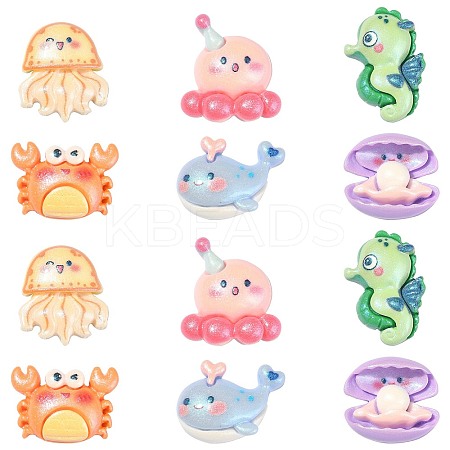 30Pcs 6 Styles Ocean Theme Opaque Resin Sea Animal Cabochons RESI-CJ0003-55-1