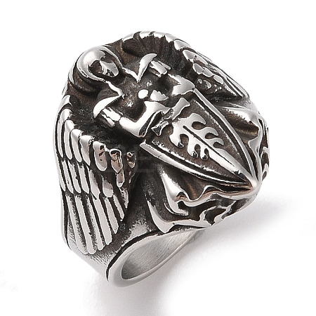 Viking 304 Stainless Steel Angel Cross Sword Wide Finger Rings for Mens RJEW-U005-03AS-1