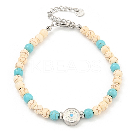 Evil Eye 304 Stainless Steel & Two Tone Synthetic Turquoise Round Beaded Bracelets for Women BJEW-G717-08P-1