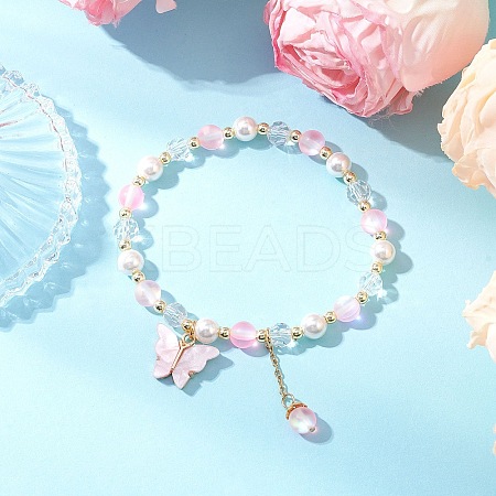 Frosted Dyed Synthetic Moonstone & Shell Pearl Round Beads Stretch Bracelets BJEW-JB11822-01-1