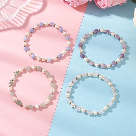 Natural & Synthetic Gemstone & Natural Cultured Freshwater Pearl & Brass Beads Stretch Bracelets for Women BJEW-JB12814-1