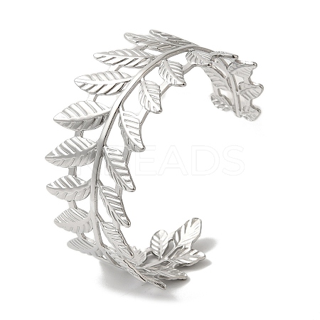 Stainless Steel Hollow Leaf Open Cuff Bangles for Women BJEW-G719-14P-1